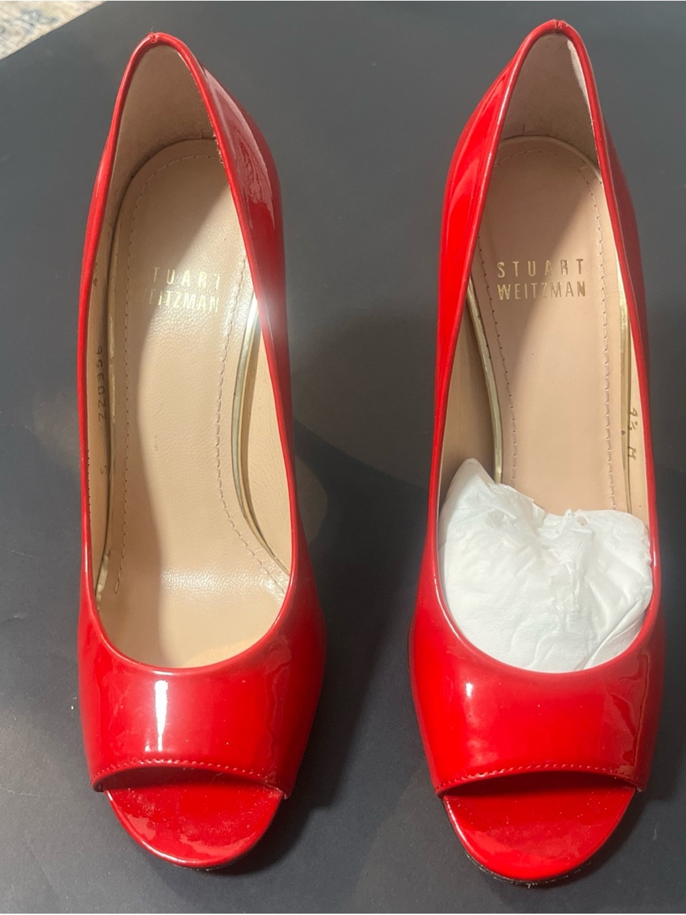 Stuart Weitzman Palace glossy Red Patent Peep-Toe Pumps 4.5 M